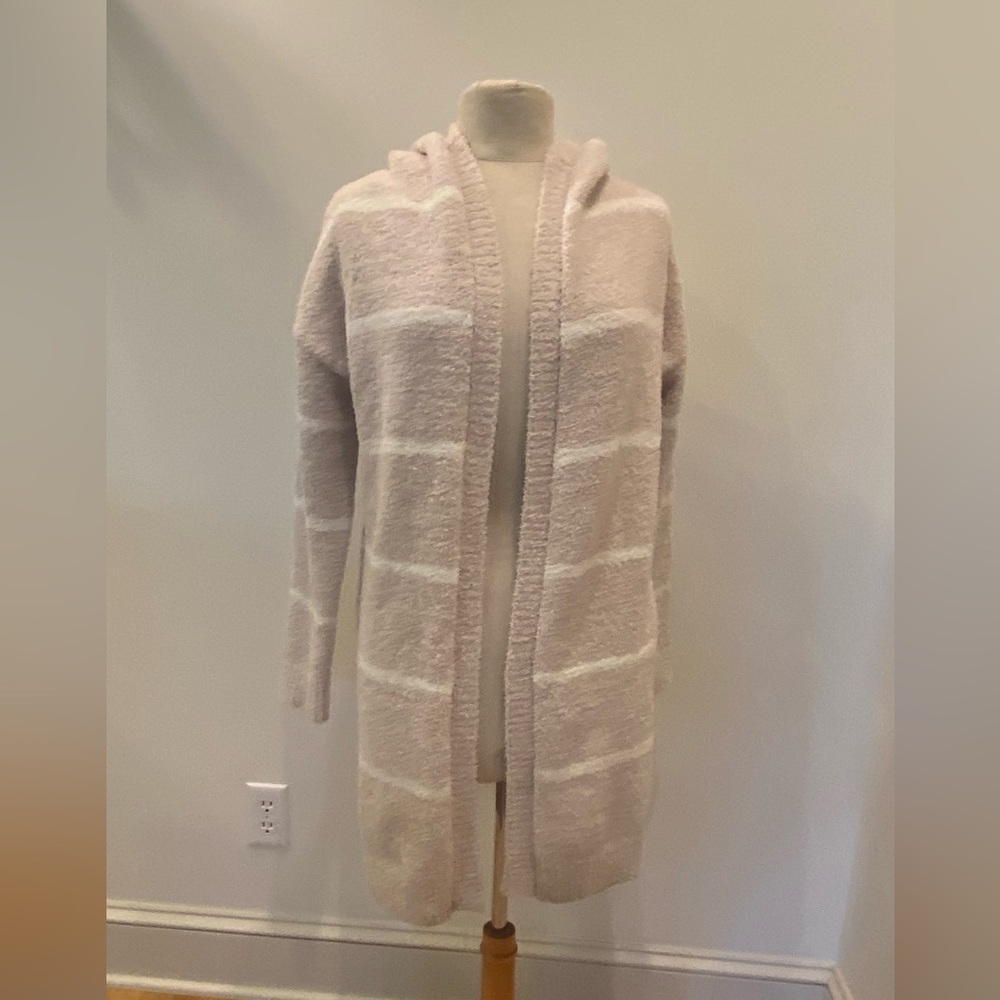 Almost Famous Womens Long Hooded Cardigan Tan w Cream Stripe Sweater/Size S/ NWT - Picture 2 of 15